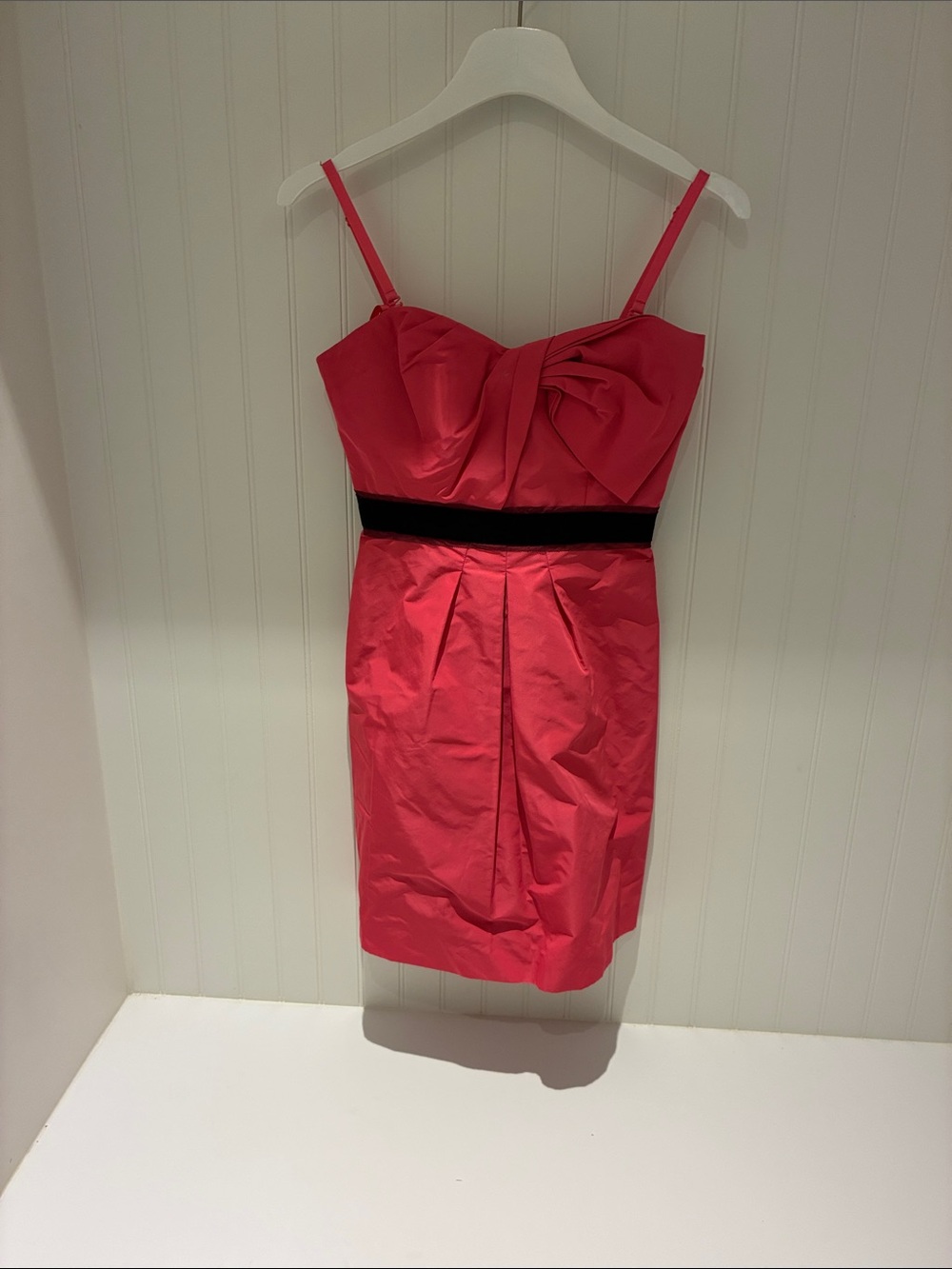 BCBG Fuchsia Spaghetti-Strap Cocktail Dress with Black Waistband
